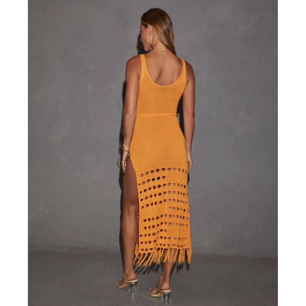Vici Caliana Tassel Cover-Up Maxi Dress Size L Orange Boho Style Sleeveless EUC - Picture 5 of 16